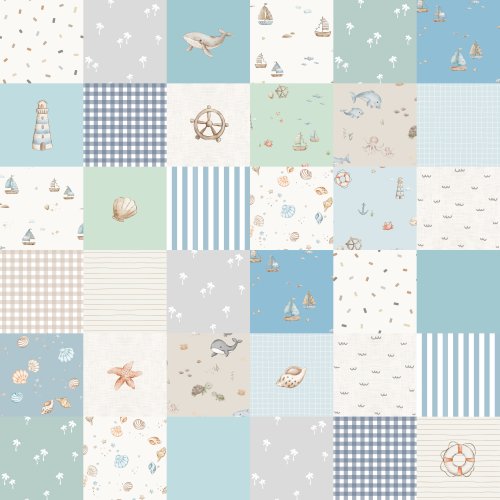 Cute hand drawn patchwork cheater quilt with ocean theme for kids.