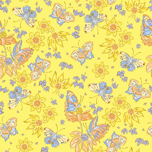 Spring Bohemia Butterfly Garden in Yellow. Butterflies, boho retro flowers on yellow