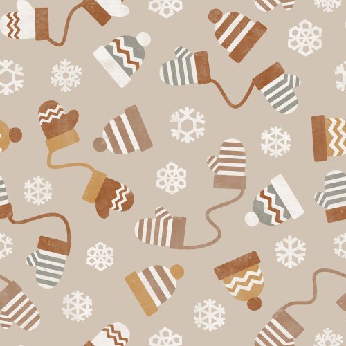 Winter hats and mittens tossed with snowflakes in a neutral earthy pallet on a light tan background