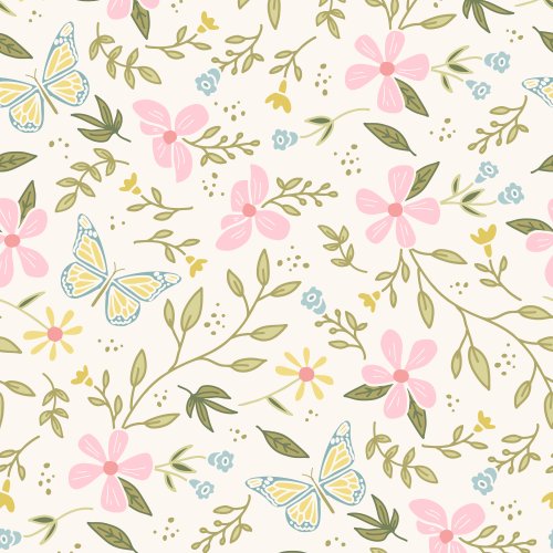 Bright pastel colored hand drawn butterflies and florals.