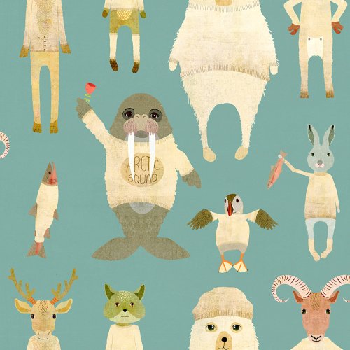 Arctic animals including polar bears, puffin, fox, hare and caribou gather in with a bright solid background.