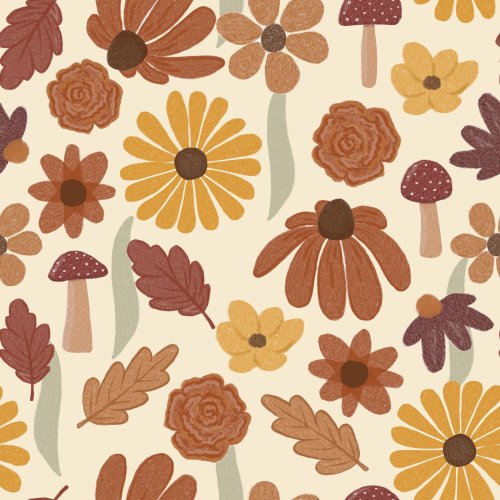 rust and mustard fall floral, leaves and mushrooms