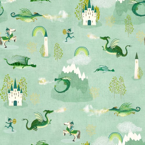Mythical scene with knights on horses and dragons who are flying around castles, some breathing fire, in a playful fantasy design.