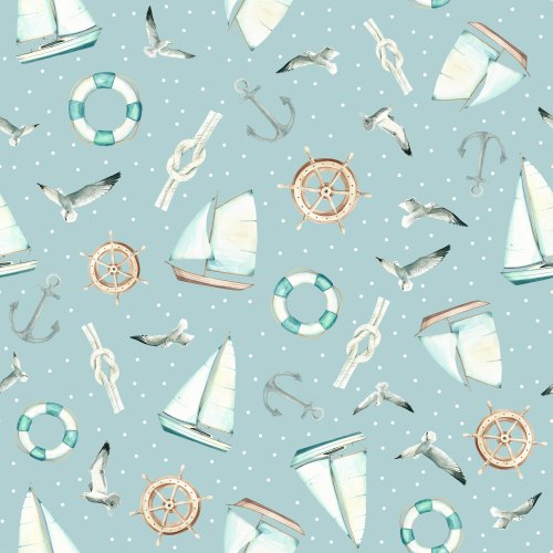 pattern with watercolor sailboats, seagulls, knots and anchors