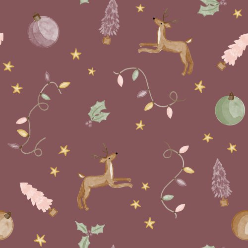 Watercolor Christmas design elements including reindeer, Christmas lights and ornaments, tossed on a solid background.
