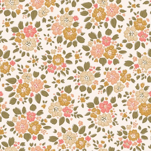 A cozy tossed-ditsy floral of small rosette blooms and leafy sprigs scattered across a warm cream background. 