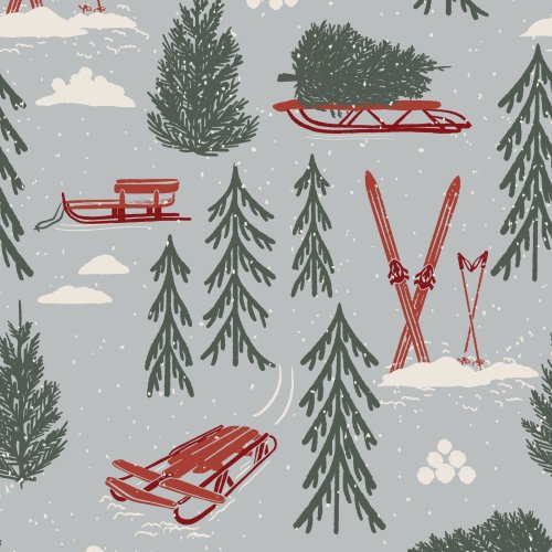 winter forest with sleds and skis