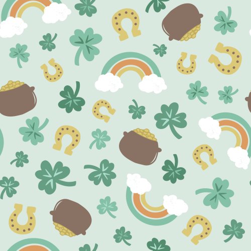 Saint Patrick's Day tossed clovers, rainbows, pot of gold, horse shoes