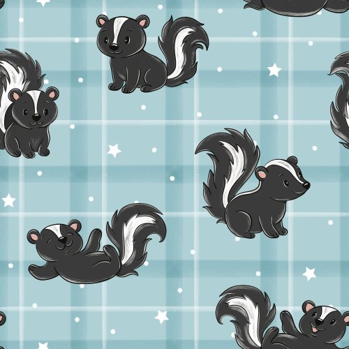Whimsical skunks on blue plaid 