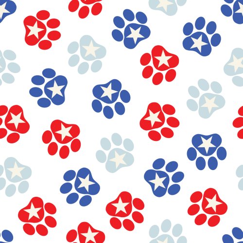 Tossed dog paws, stars red and blue