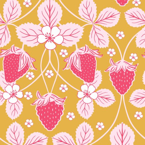 An arts and crafts style, geometric layout of strawberries, blossom and leaves