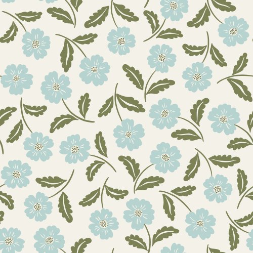 Charming floral design with small, hand-drawn flowers in light blue, accompanied by green leaves on a cream background with dense allover layout, creating a playful and whimsical vibe