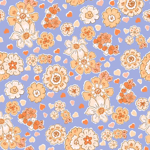 Lovely Crush Retro Floral Hearts in Blue Brown