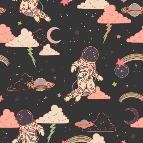 Space Galaxy Astronaut Girl surrounded by pink clouds, rainbow shooting stars, and planets on a vintage black background.