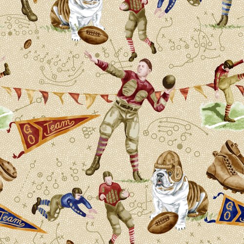 Vintage football-themed fabric pattern featuring players in action, bulldog mascots, old footballs, and team pennants on a textured beige background.