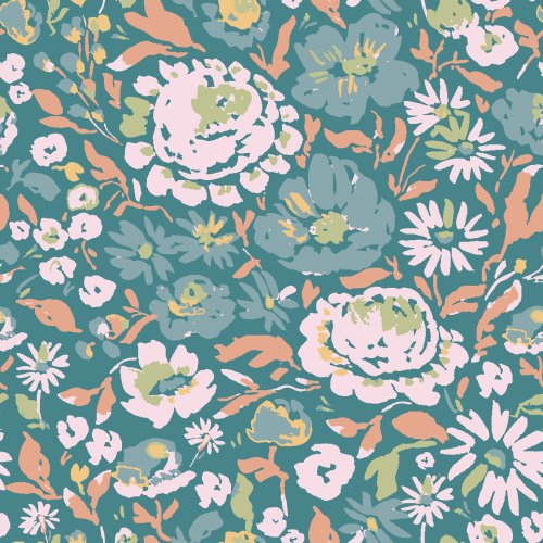 abstract floral hero print on teal background for Strengthens Me quilt kit