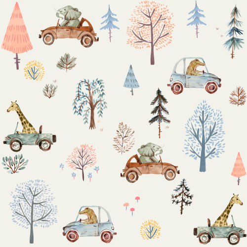 Animal fabric design with animals in cars and trees