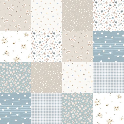 Hand drawn cheater quilt design with blue and beige floral.