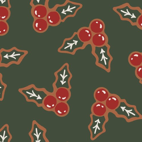 Holly Shaped Gingerbread Cookies in a dense tossed pattern on a dark green background