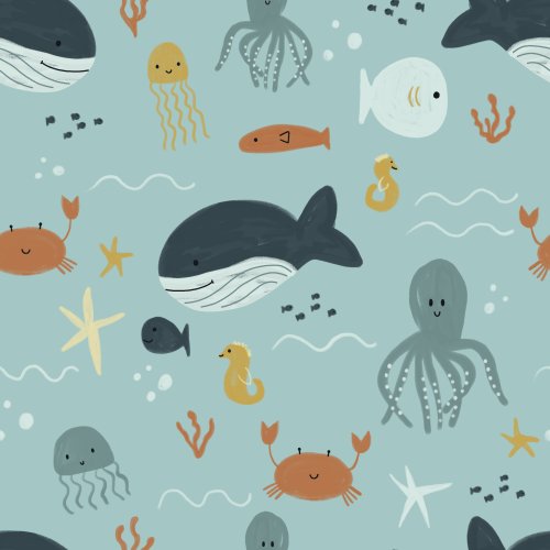 A textured earth day pattern celebrating the ocean life and under the sea animals like whales, fish, crabs, and more