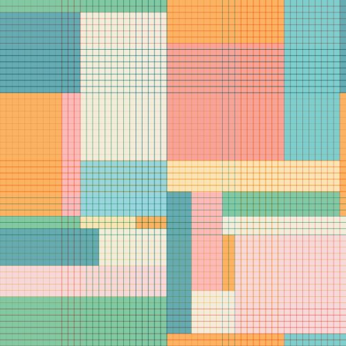 muted retro color blocks overlaid with pinstripes in a grid