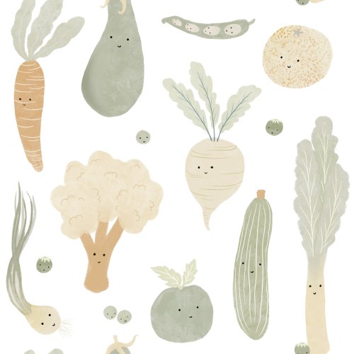 Softly colored vegetables with playful faces, including carrots, radishes, and peas, scattered across a gentle background.