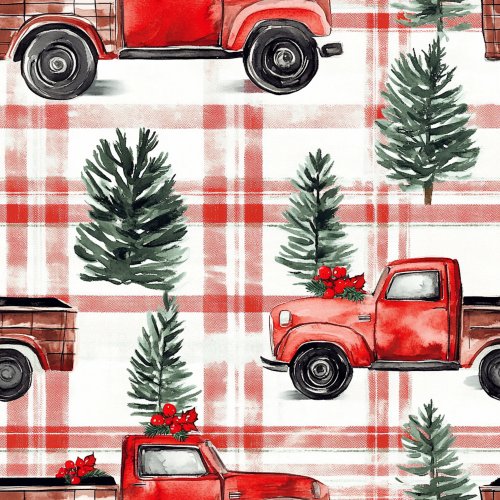 red vintage christmas trucks on plaid background