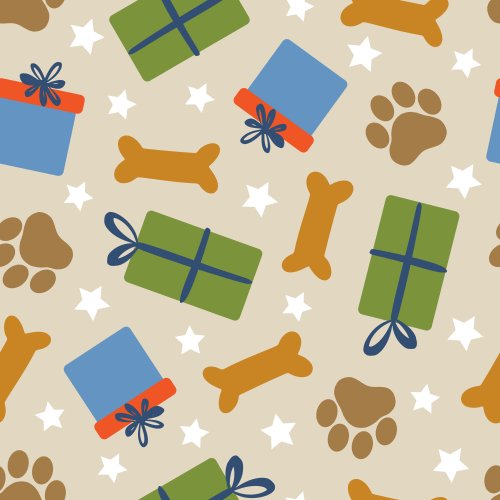 Tossed Christmas gifts, dog bones, stars, paws