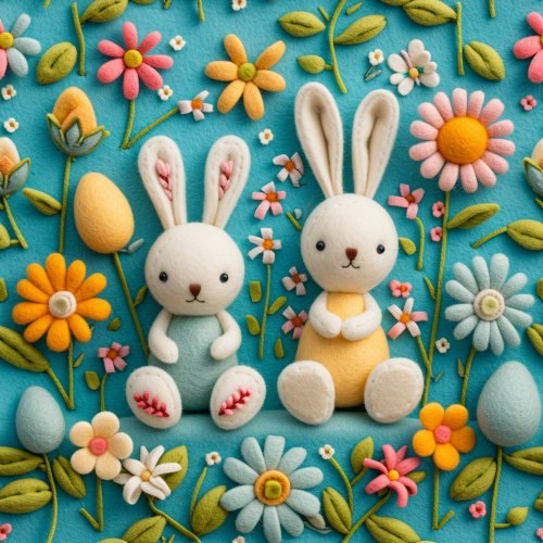 realistic crochet bunnies and flowers