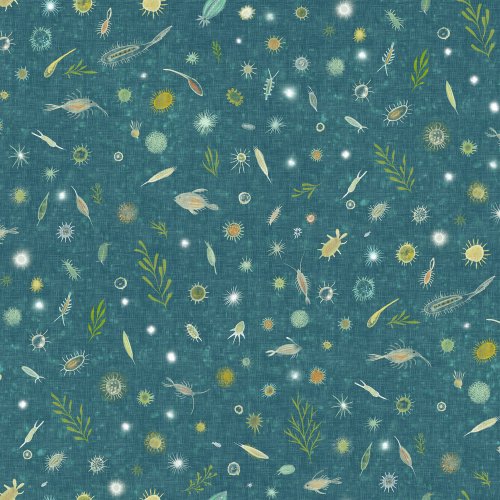 Tiny plankton forms scattered across a soft woven background, an underwater design with delicate ocean details.