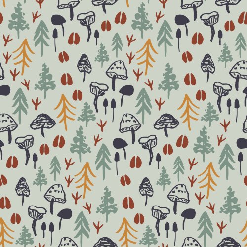 Hand drawn whimsical foot print trails, forest trees and mushrooms