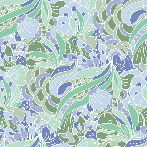 Retro under the sea scene with coral reef, fish and swirling seaweed in ocean blues and greens