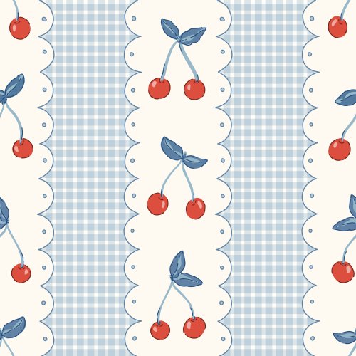 Playful cherry pairs march down scalloped cream panels, alternating with soft powder-blue gingham stripes for a tidy, vintage-apron look.