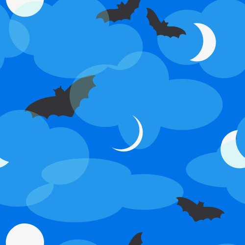 black bats flying in a blue night sky with clouds and moons