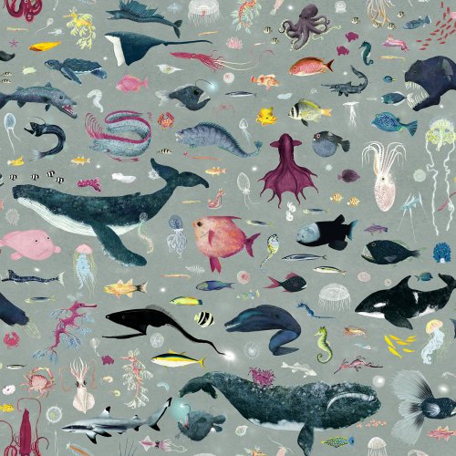 An underwater world filled with ocean animals including whales, dolphins, sharks, octopus, seahorses, rays, and fish drifting together in a playful marine scene.