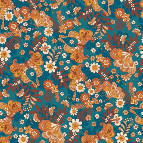 Fall Butterflies and Blooms in Teal and Brown. Boho. 70s retro butterfiles and retro flowers