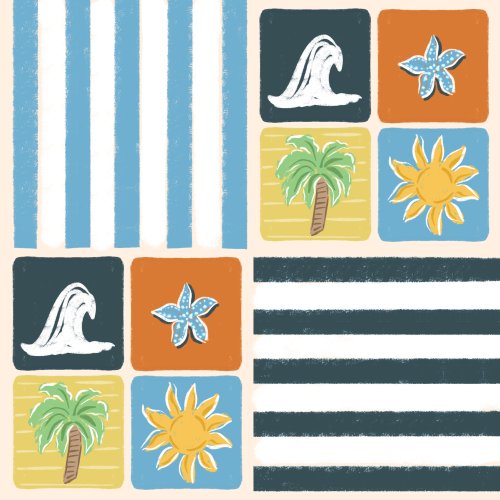 modern icon with wave palm tree sun and starfish in a a checkered bold pattern for summer