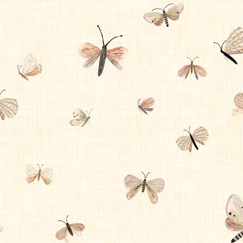 Delicate whimsical butterflies floating across a soft woven background with a gentle textured look.