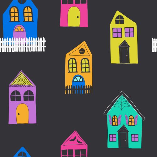 cute, bright-colored, hand-drawn haunted houses on a black background