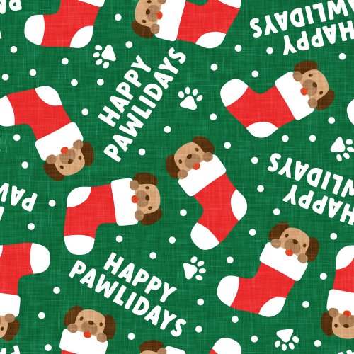 Happy Pawlidays Dog in stocking on green background