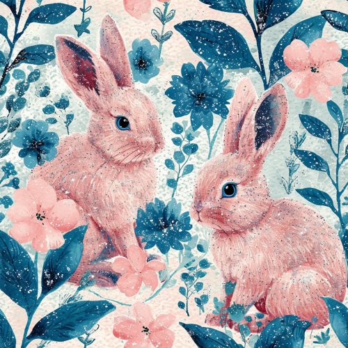 pink glittery bunnies on blue background