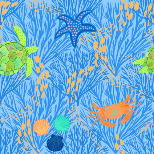underwater ocean design with starfish, sea turtle, crab and shells available in bright colors for summer, blue, pink, green