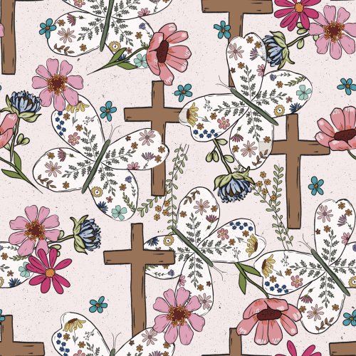 butterflies, crosses, and flowers on pink background