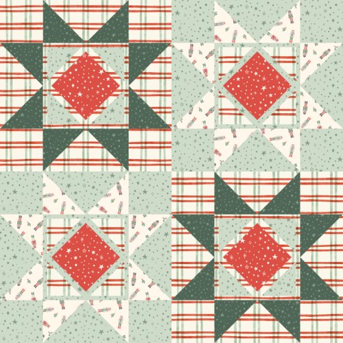 Patchwork quilt with sawtooth star blocks in a christmas palette.