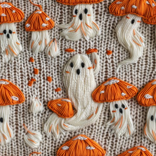 knitted mushrooms and halloween ghosts