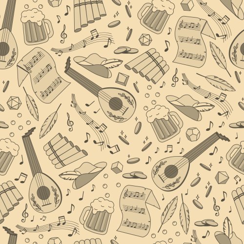 role-play game bard character and music themed line art motifs in a tossed pattern