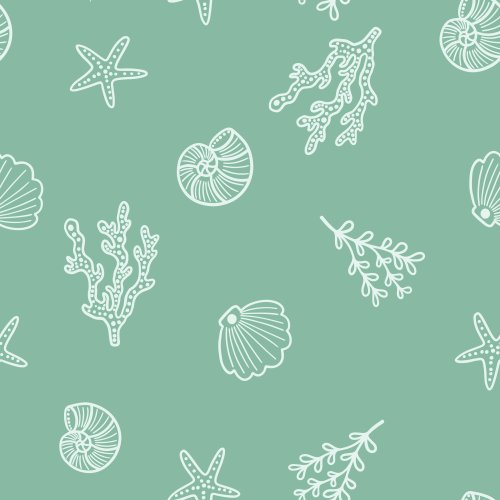 Seamless coastal pattern featuring seashells, coral, starfish and sea plants in white on a soft green background.