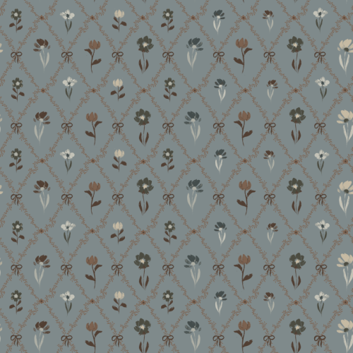 hand painted flowers inside trailing vines and delicate bows on a slate blue background