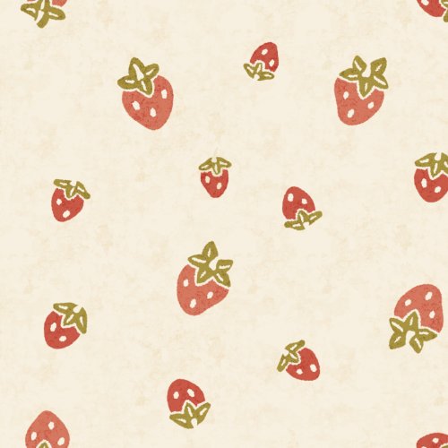 A sweet tossed strawberry coordinate featuring mini tomato-red berries with olive-green leaves scattered across a warm vanilla-cream background with subtle speckling. 