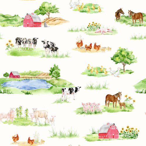 Fun farm landscape with cute farm animals including chickens, horses, goats, sheep, cows